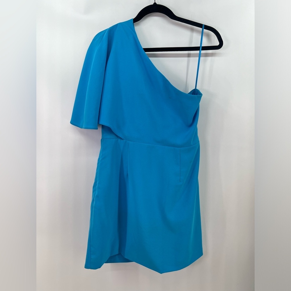 DO+BE Bright Blue One-Shoulder Draped Wrap Mini Cocktail Dress L Large - Picture 7 of 13